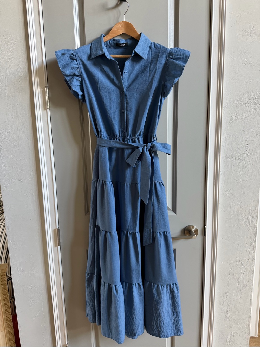 dowerme Women Ruffle Sleeve Button Belted Boho Maxi Dress